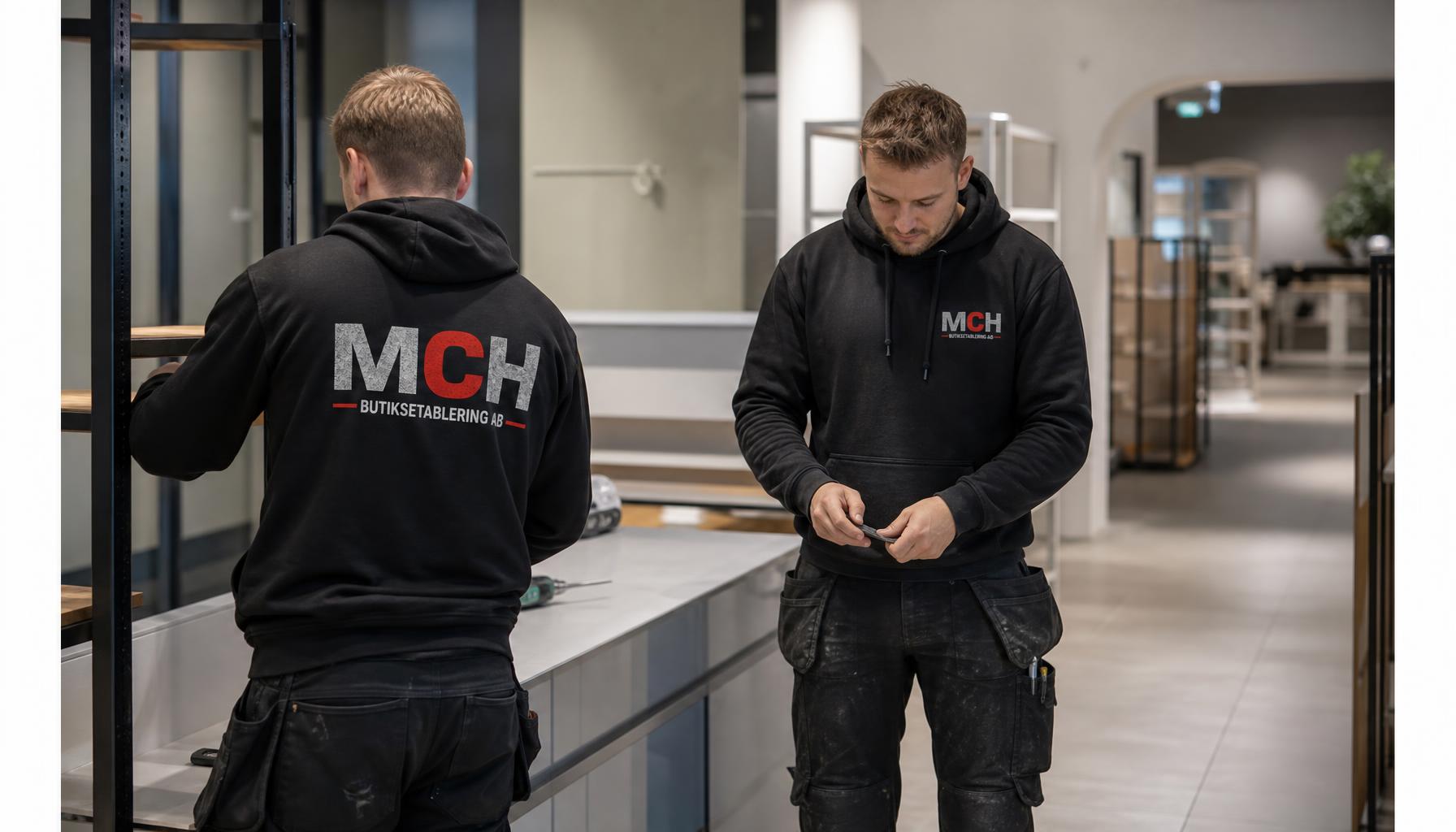 Montörer installerar nytt hyllsystem under ombyggnation av butik