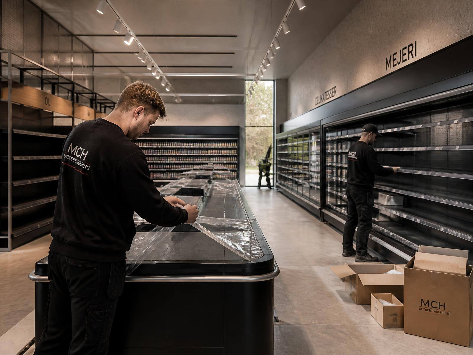 Butiksetablering – montörer i MCH-kläder installerar ny butiksinredning