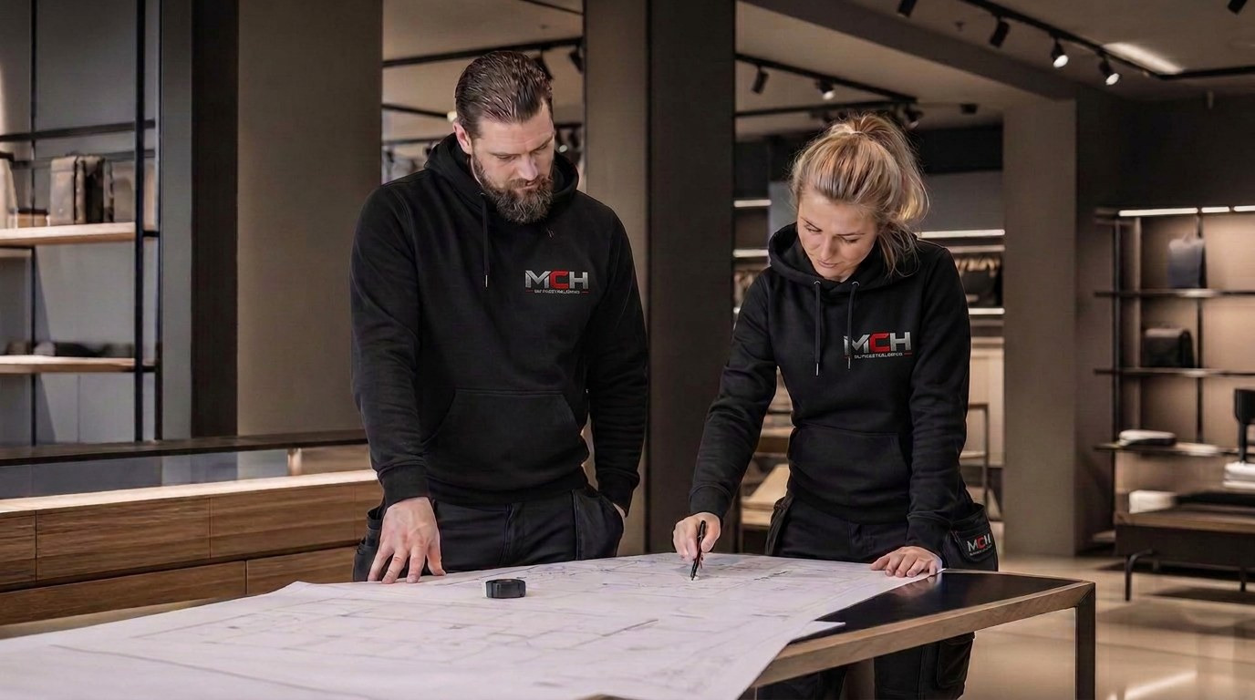 Genomgång av ritningar vid ett projektmöte