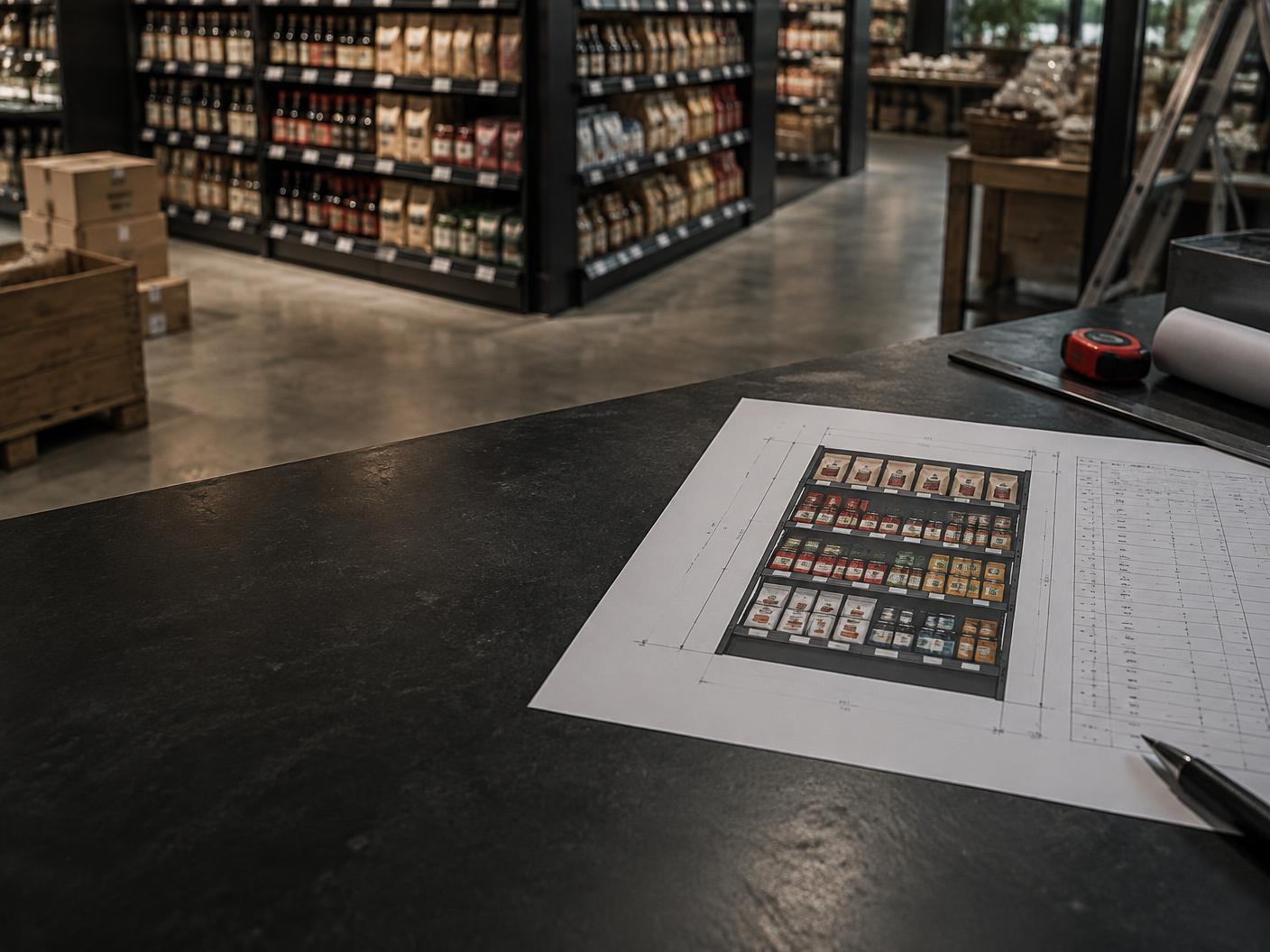 Illustration av planogram med hyllsektion och varuplacering
